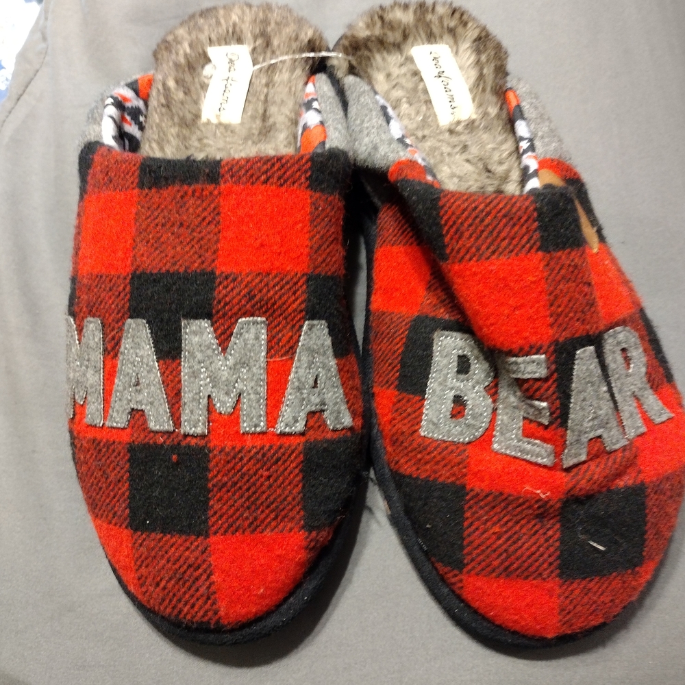 Dearfoams Red and Black Plaid Mama Bear Slippers